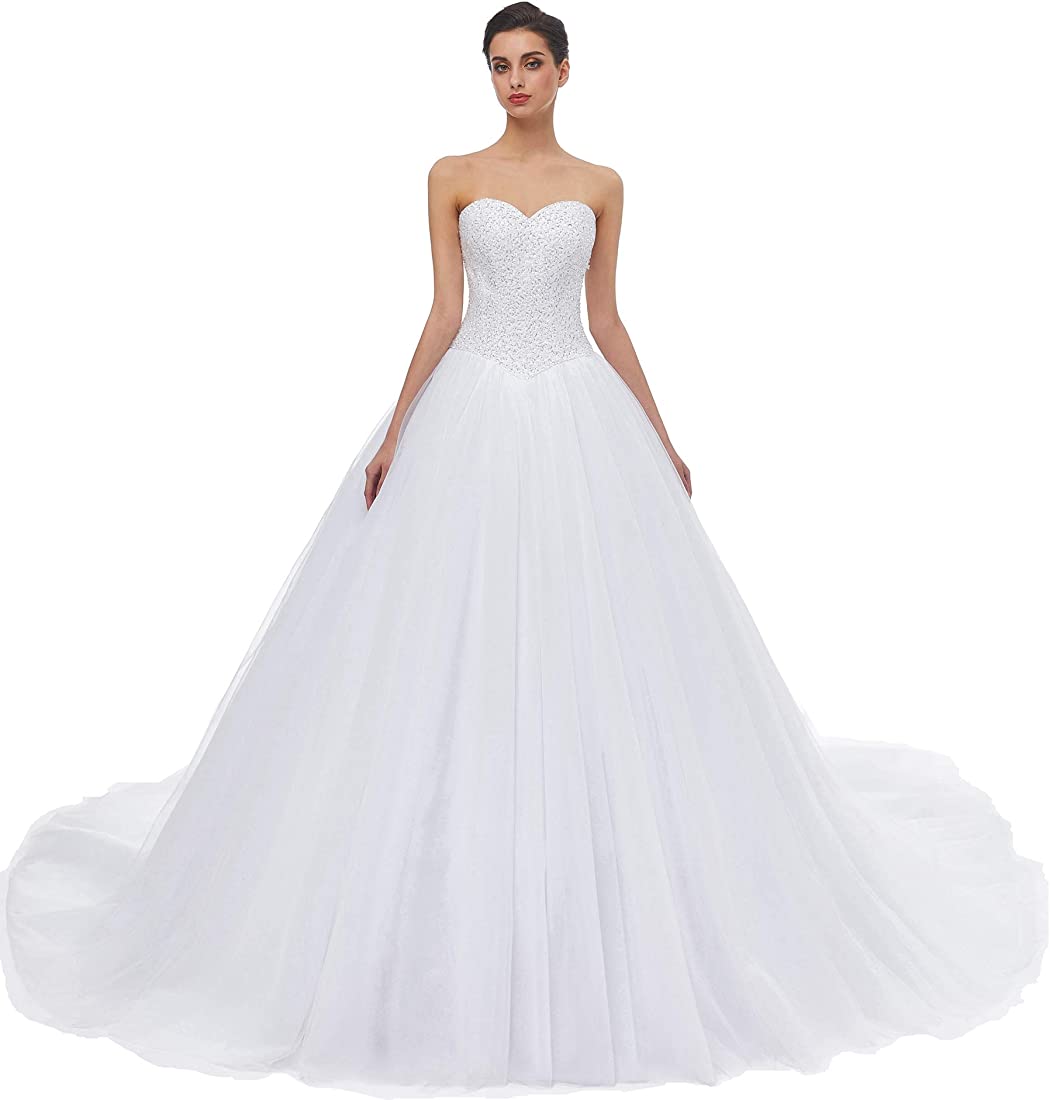 Women's Sweetheart Tulle A-line Wedding Dresses for Bride with Train