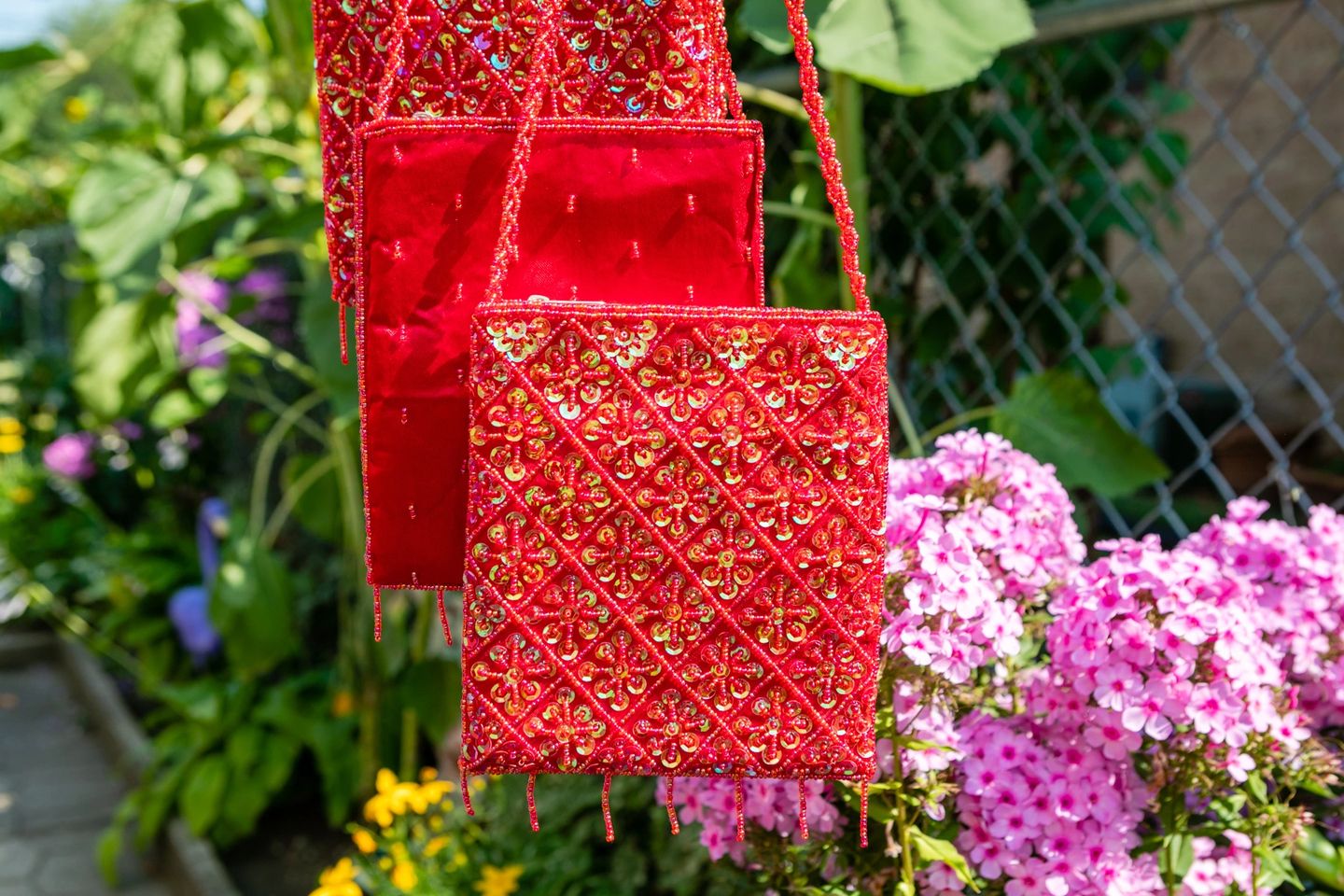 Red Handcrafted Beaded Bag and figurine Jewelry set